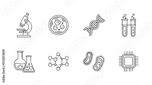 Science laboratory icons set featuring microscope dna cells flasks molecules microbes and computer chip vector