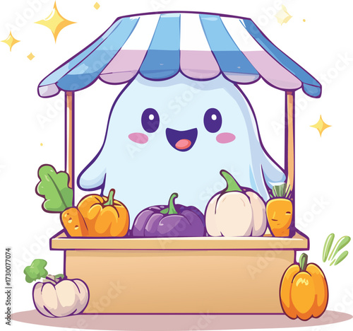 Cute Ghost Selling Vegetables Vector