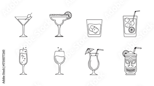 Collection of eight hand-drawn cocktail glasses with refreshing drinks and garnishes vector