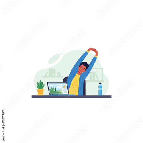 Man taking a break and stretching at his office desk.
