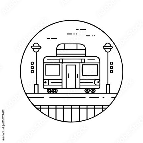 Vector art of stylized line art illustration of a tram or streetcar on tracks, framed within a circle, with streetlights and a minimalist background