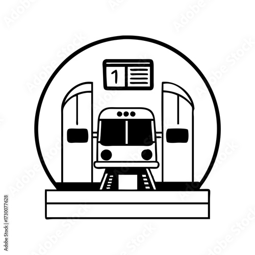 Vector art of stylized black and white line art illustration of a subway train arriving at a station platform