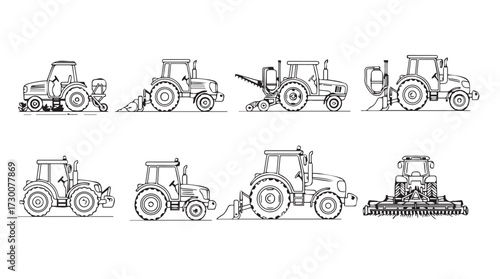 Collection of farm tractors in various agricultural activities detailed line art set vector