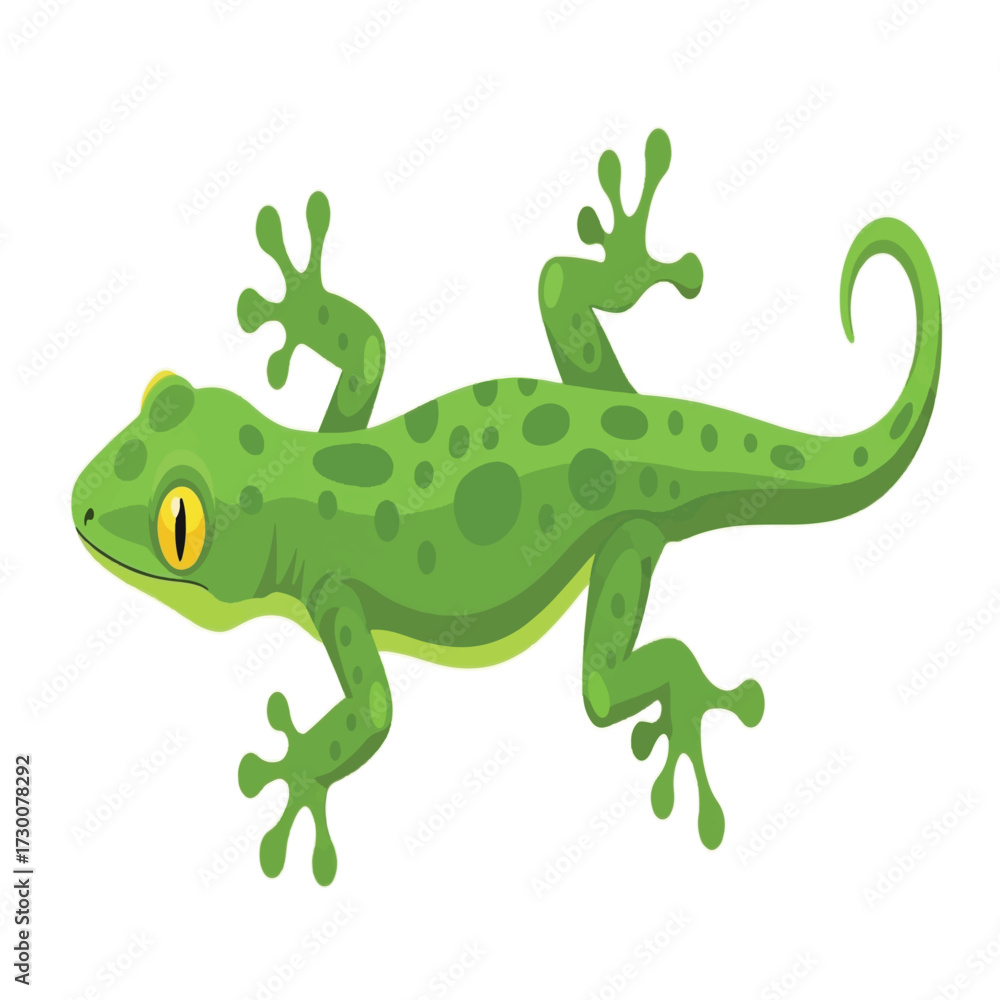 Obraz premium A cartoon illustration of a light green gecko with dark green spots, curled tail, and yellow eyes.