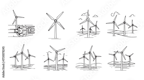 Set of wind turbine sketches for sustainable energy generation and renewable power vector