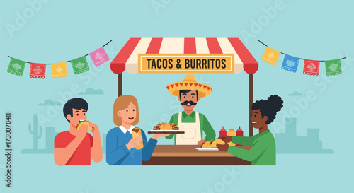 Adobe illustrator artwork vector illustration: People enjoy delicious tacos at a vibrant Mexican street food stall with festive decorations, perfect for illustrating cultural cuisine, celebrations