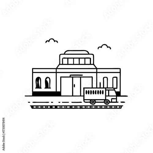 Vector art of simple line art illustration of a bus in front of a building