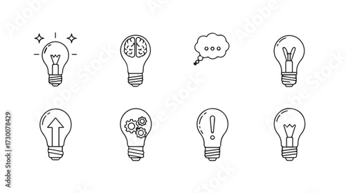 Creative light bulb icons representing ideas inspiration innovation and problem solving in a sketch style vector