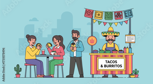Adobe illustrator artwork vector illustration: People enjoy delicious tacos at a vibrant Mexican street food stall with festive decorations, perfect for illustrating cultural cuisine, celebrations