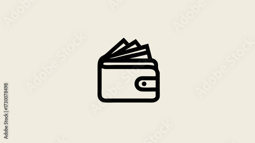 Black outline wallet icon with fanned cash currency. Financial payment and savings symbol illustration on light background.