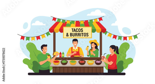 Adobe illustrator artwork vector illustration: People enjoy delicious tacos at a vibrant Mexican street food stall with festive decorations, perfect for illustrating cultural cuisine, celebrations