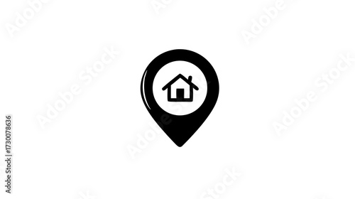 Home location map pin icon, a black graphic symbol with a house, representing real estate, property address, and navigation.