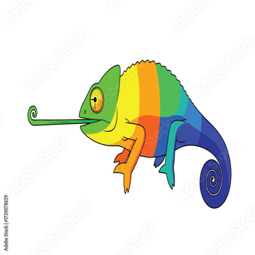 Colorful cartoon chameleon extends its long tongue, ready to catch prey.