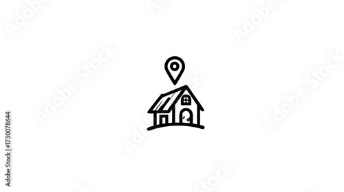 Home location pin icon, simple black and white line art house address symbol, map pointer on residential property