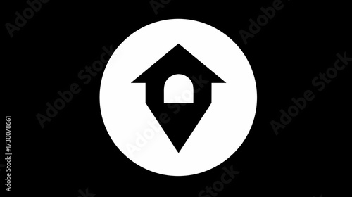 Stylized house location pin icon, minimalist graphic symbol in black and white, representing home, real estate, navigation, or address.