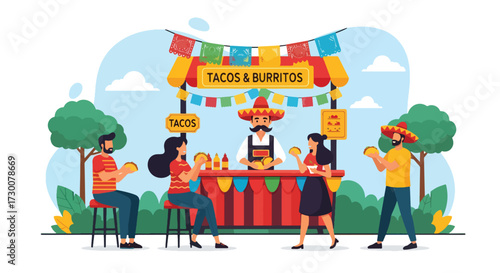Adobe illustrator artwork vector illustration: People enjoy delicious tacos at a vibrant Mexican street food stall with festive decorations, perfect for illustrating cultural cuisine, celebrations