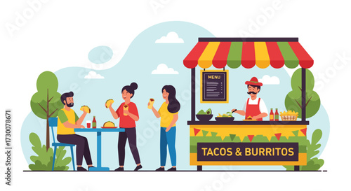 Adobe illustrator artwork vector illustration: People enjoy delicious tacos at a vibrant Mexican street food stall with festive decorations, perfect for illustrating cultural cuisine, celebrations