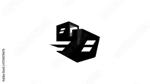 Abstract black geometric architectural structure 3D rendering, modern minimalist building icon graphic design element on white background.