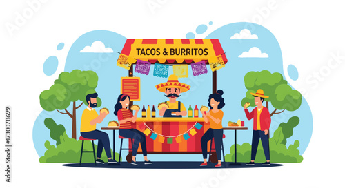 Adobe illustrator artwork vector illustration: People enjoy delicious tacos at a vibrant Mexican street food stall with festive decorations, perfect for illustrating cultural cuisine, celebrations