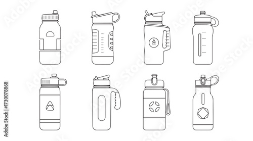 Collection of modern reusable water bottles with different designs and features for hydration vector