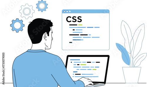 Web developer coding css on laptop isolated on white background