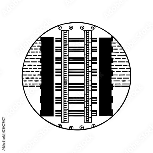 Vector art of circular graphic illustration of a railroad track with ties and ballast