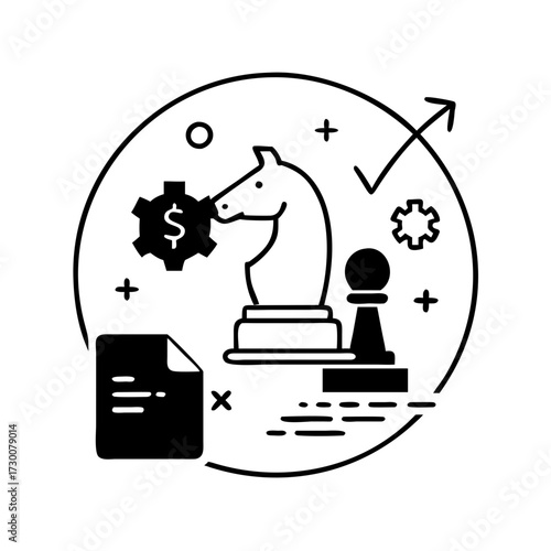 Vector art of business strategy and financial planning concept with chess pieces, gear, and document icon