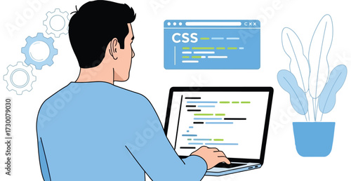 Man coding css on laptop isolated on white background for web development
