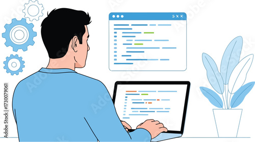 Man coding css on laptop isolated on white background for web development