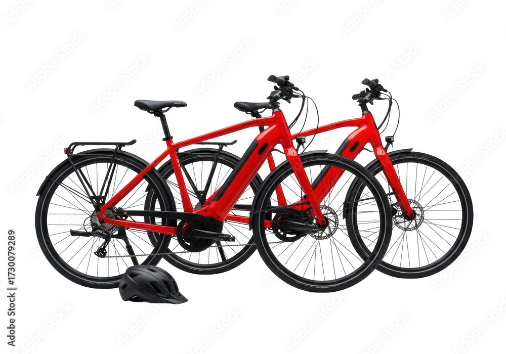 Fototapeta premium Two bright red electric bicycles with sleek lines, matte black fenders, and an aerodynamic helmet, on a seamless transparent studio background, 45-degree angle view, high-key. Commercial product