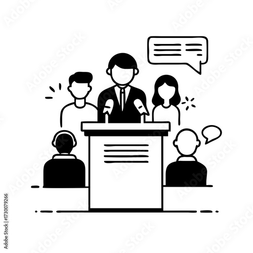 Vector art of iconic illustration of a speaker at a podium addressing an audience, symbolizing debate, presentation, or public speaking event
