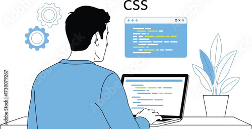 Man coding css on a laptop isolated on white background