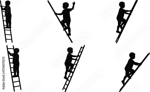 Silhouette child climbing ladder, boy holding steps, playful activity, childhood adventure, growth symbol, success concept, outdoor fun, determination, balance, strength illustration