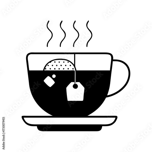Vector art of a simple black and white illustration of a cup of tea with a tea bag steeping