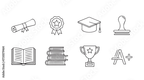 Set of educational icons featuring graduation cap diploma books trophy and symbolism for learning vector
