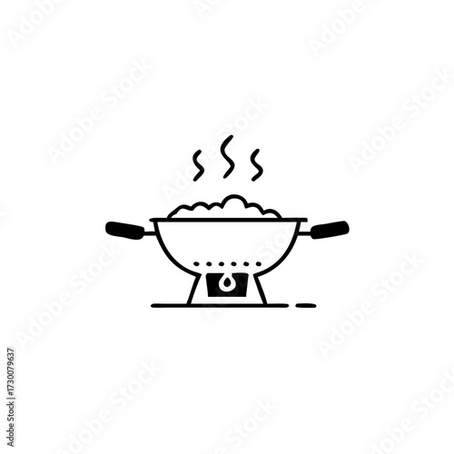 Vector art of simple line art icon of a wok cooking food with steam rising