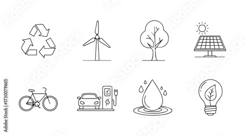 Eco-friendly icons set representing green energy sustainability and environmental protection concepts vector