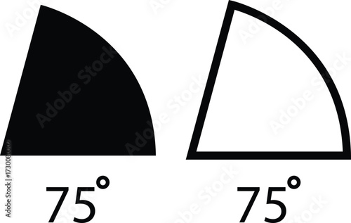 Angle icons set in flat, outline style. 75 degree measure. Math geometric design elements. Technical architect vectors. Trigonometry template. Triangle sign. Degree of arc and pie chart illustration.