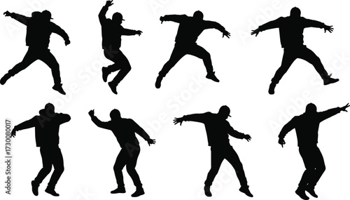 Silhouette dancers performing hip hop moves, modern street dance poses, energetic breakdance action, urban style choreography, isolated black figures, white background