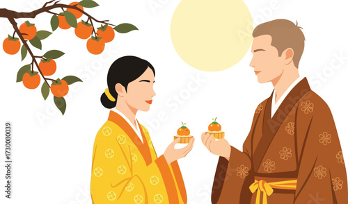 Mid autumn festival, couple holding mooncakes isolated on white background