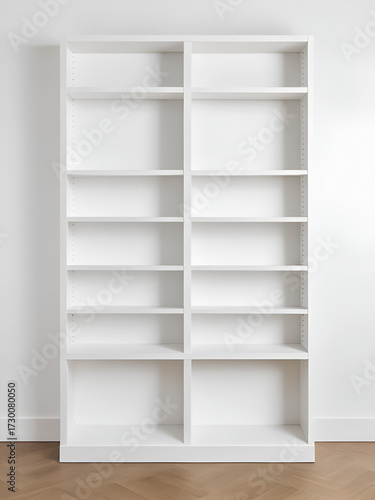 A white bookcase with shelves that are empty