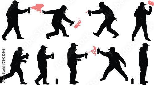 Silhouette graffiti artist spraying paint, urban street art, hip hop culture, spray can illustration, modern vandalism design, black shadow figure