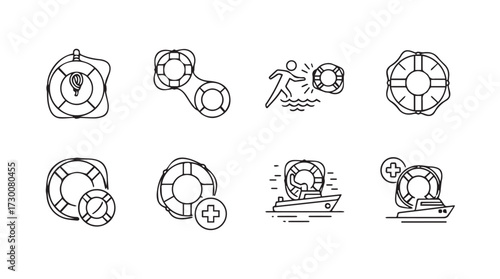 Collection of hand-drawn lifebuoy and safety equipment icons for emergency and rescue scenarios vector