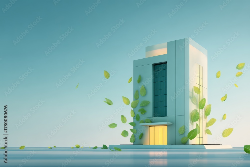 Fototapeta premium Isolated modern office building with a leaves icon, symbolizing eco-friendly practices and sustainability.