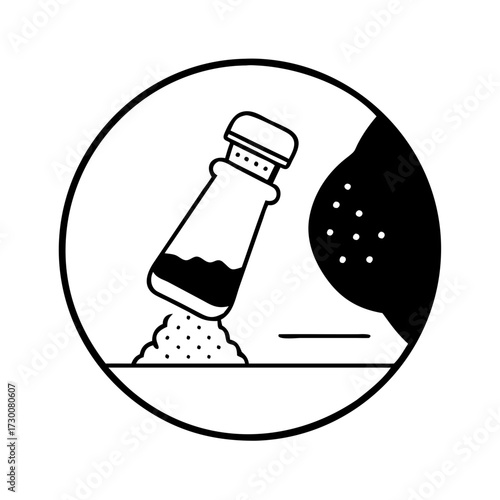 Vector art of icon of a salt shaker tipping over and spilling salt onto a surface, with a pile of salt in front
