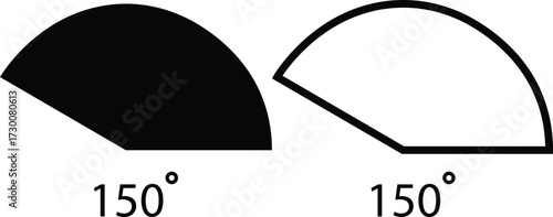 Angle icons set in flat, outline style. 150 degree measure. Math geometric design elements. Technical architect vectors. Trigonometry template. Triangle sign. Degree of arc and pie chart illustration.