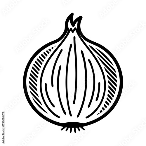 Vector art of a simple black and white line drawing of an onion, ideal for recipe illustrations, food blogs, or culinary art