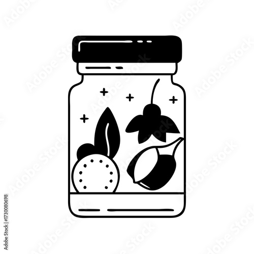 Vector art of a black and white illustration of a jar filled with fruits and leaves, representing homemade preserves or jam