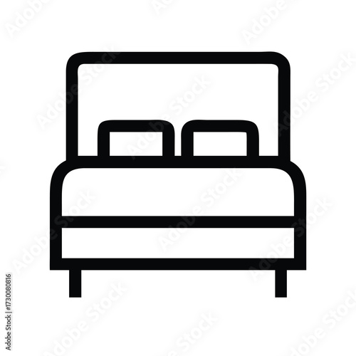 Simple icon graphic of a double bed with pillows for bedroom furniture and sleep concepts