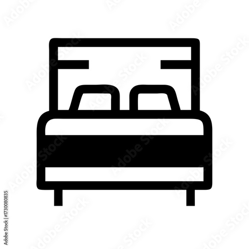 Simple line art icon of a double bed with pillows and headboard perfect for hotels and decor